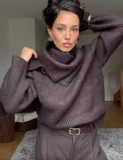 Suéter de Tricot Gola Cachecol com Manga Longa Solto Couture Lenogue
