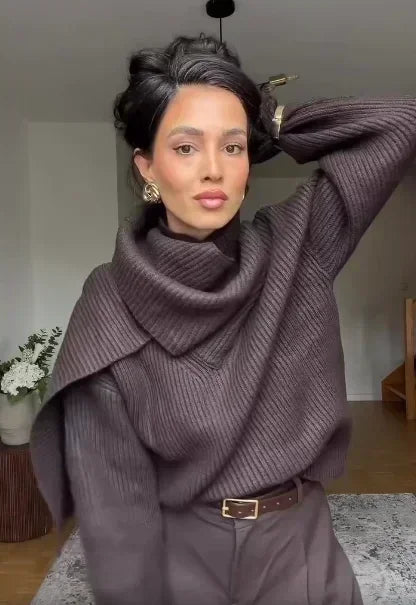 Suéter de Tricot Gola Cachecol com Manga Longa Solto Couture Lenogue