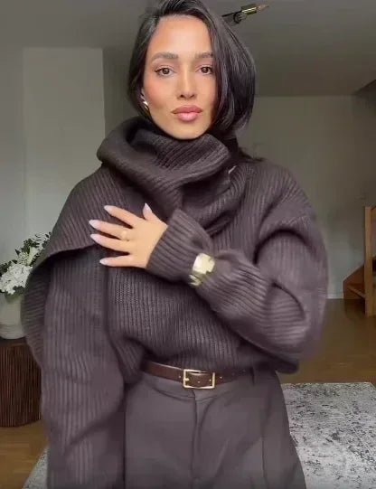 Suéter de Tricot Gola Cachecol com Manga Longa Solto Couture Lenogue