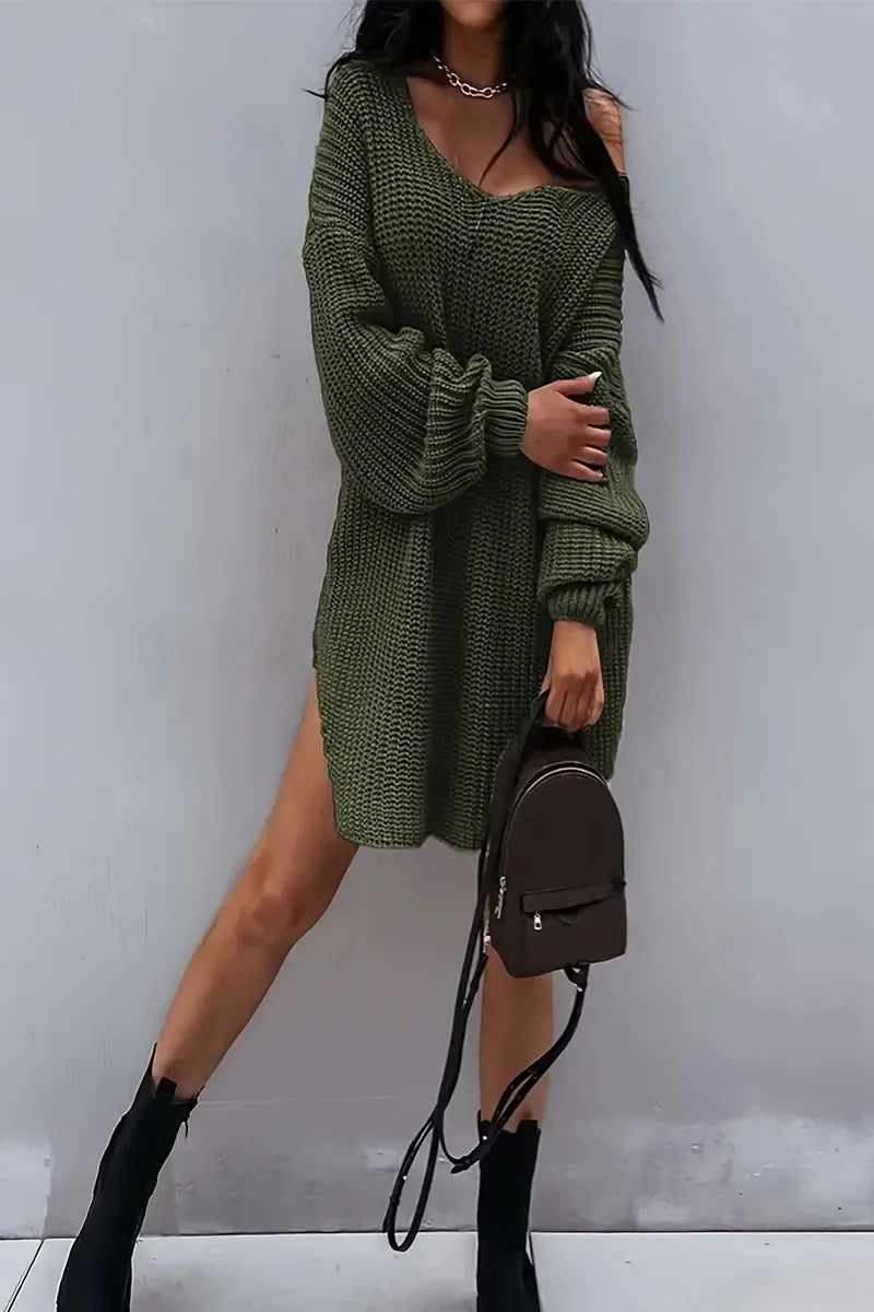 Suéter Tricot Decote v Modelagem Ampla com Fenda Lenogue