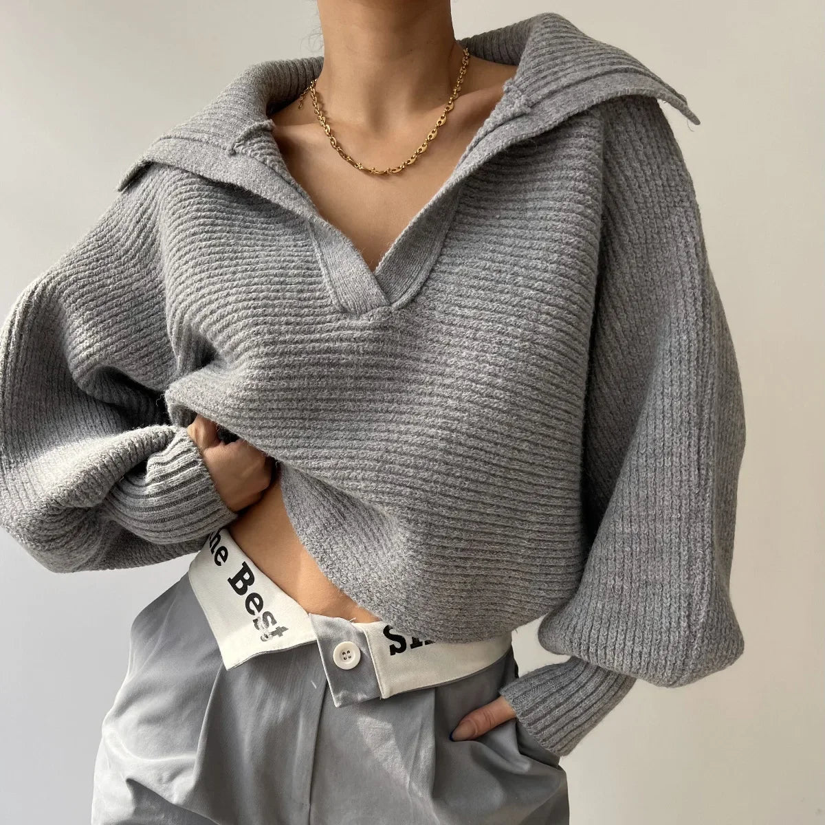 Suéter Tricot Gola Polo Decote v Patchwork Manga Longa Lenogue Cinza / p