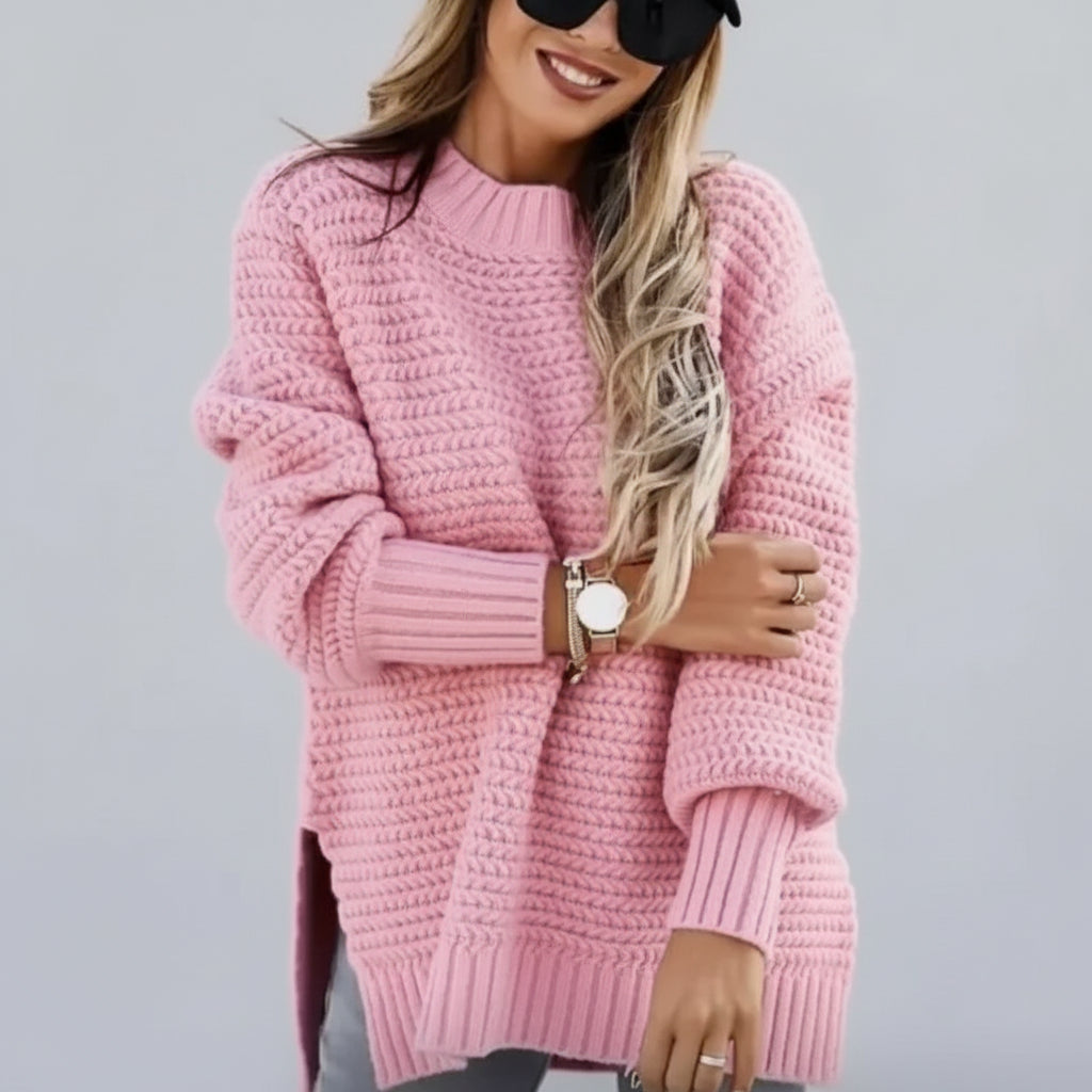 Suéter Tricot Gola Redonda Modelagem Ampla Manga Longa Lenogue Rosa / p