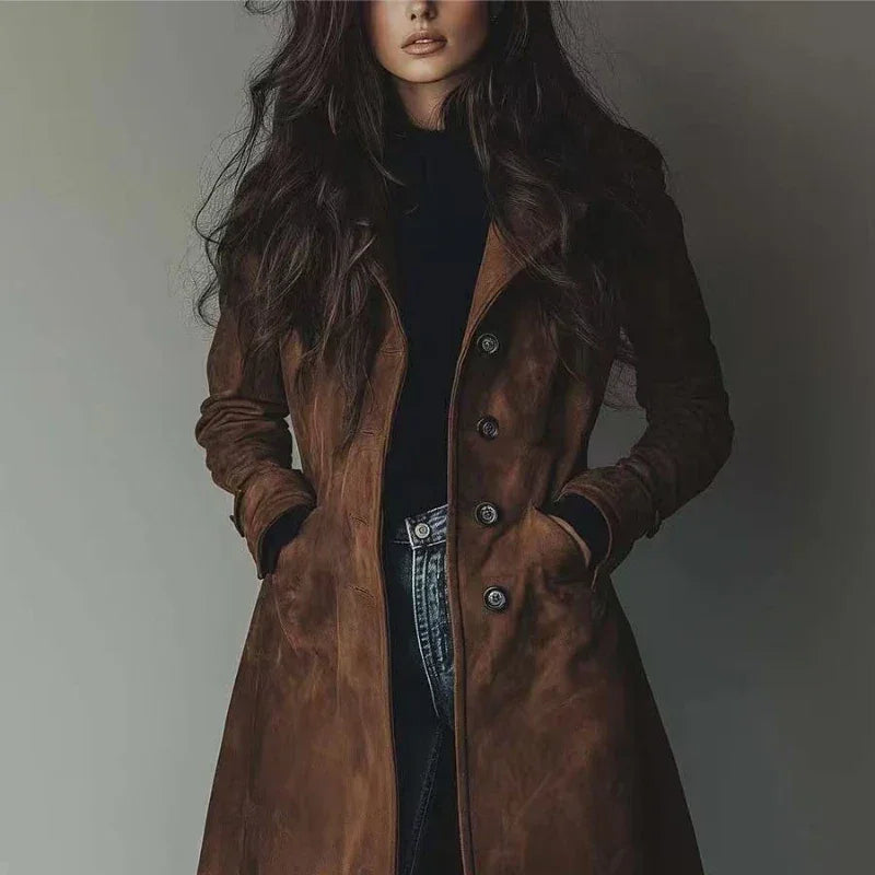 Trench Coat Gola Lapela Botonê Simples Modelagem Ampla Lenogue
