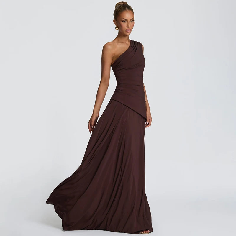 Vestido Assimétrico de Chiffon com Ombro a Ombro Charme Lenogue