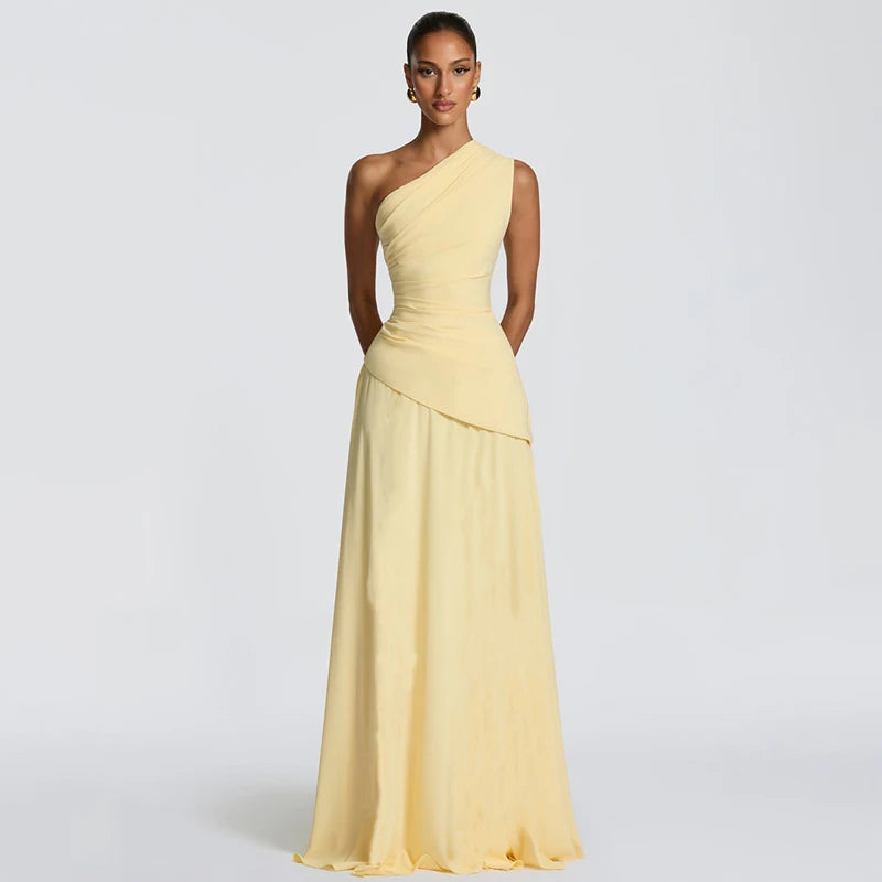 Vestido Assimétrico de Chiffon com Ombro a Ombro Charme Lenogue
