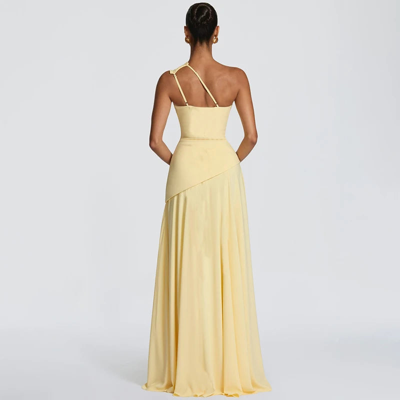 Vestido Assimétrico de Chiffon com Ombro a Ombro Charme Lenogue