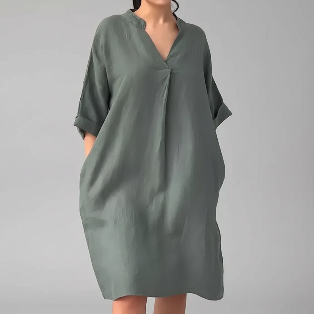 Vestido Casual Midi de Algodão e Linho com Bolsos Lenogue Cinza / p