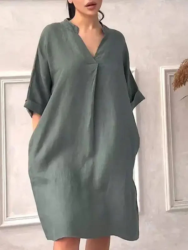 Vestido Casual Midi de Algodão e Linho com Bolsos Lenogue