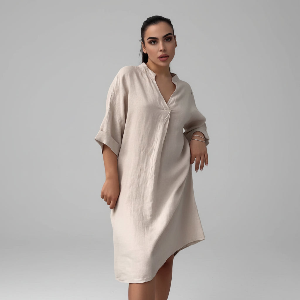 Vestido Casual Midi de Algodão e Linho com Bolsos Lenogue Bege / p