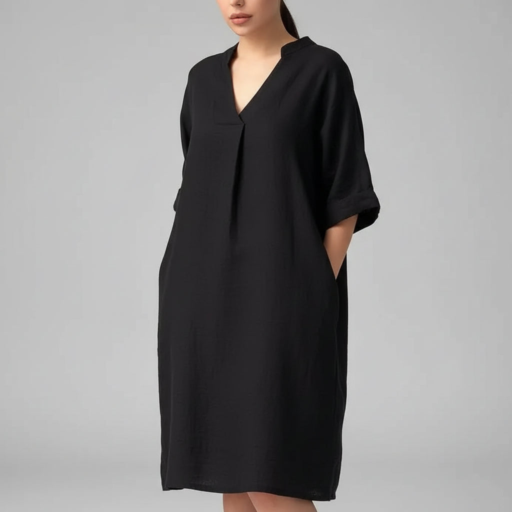 Vestido Casual Midi de Algodão e Linho com Bolsos Lenogue Preto / p