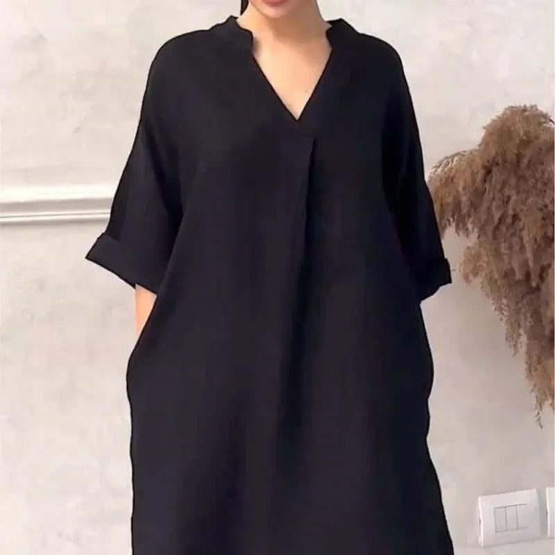 Vestido Casual Midi de Algodão e Linho com Bolsos Lenogue Preto / p