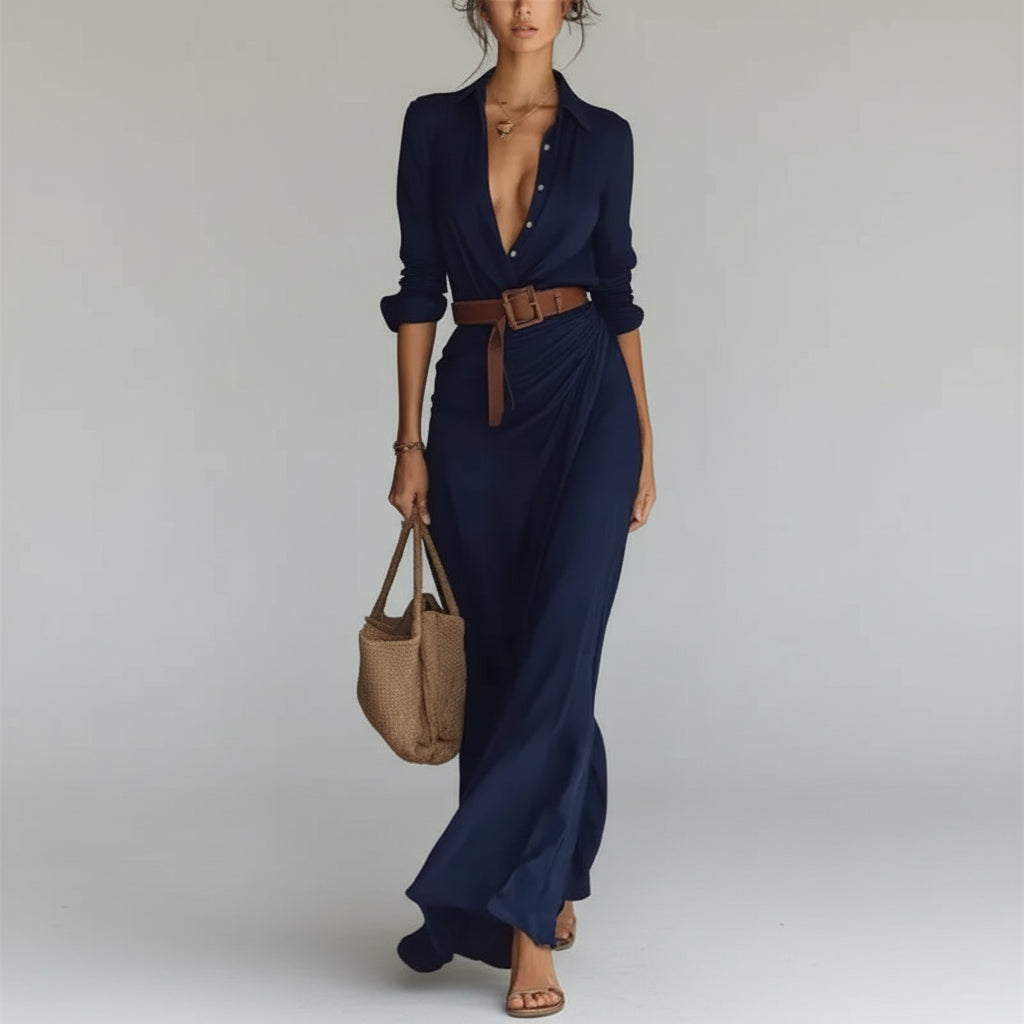 Vestido Chemise Longo Jersey Drapeado com Cinto Lenogue Azul / p