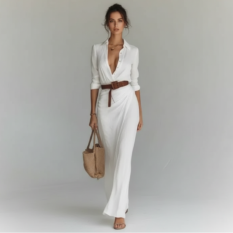 Vestido Chemise Longo Jersey Drapeado com Cinto Lenogue Branco / p