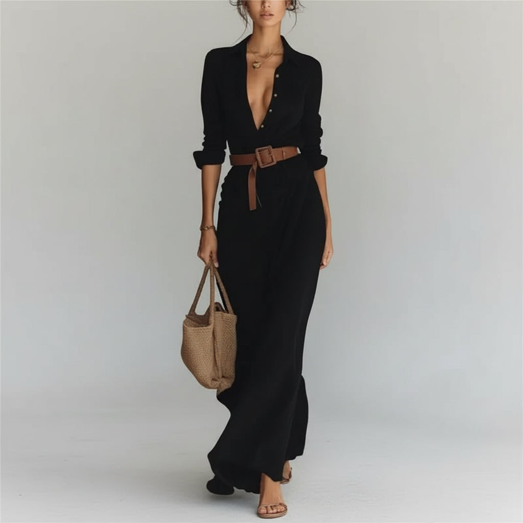 Vestido Chemise Longo Jersey Drapeado com Cinto Lenogue Preto / p