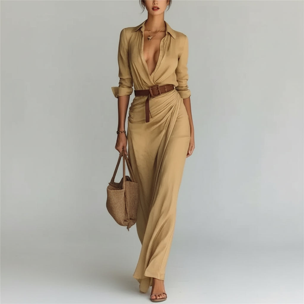 Vestido Chemise Longo Jersey Drapeado com Cinto Lenogue Marrom / p