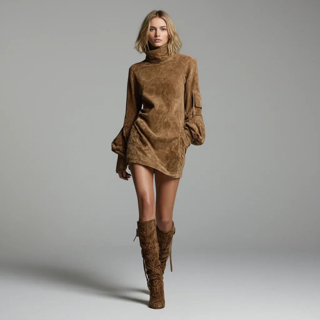 Vestido Curto Camurça Sintética Gola Alta com Bolsos Lenogue Marrom / Pp