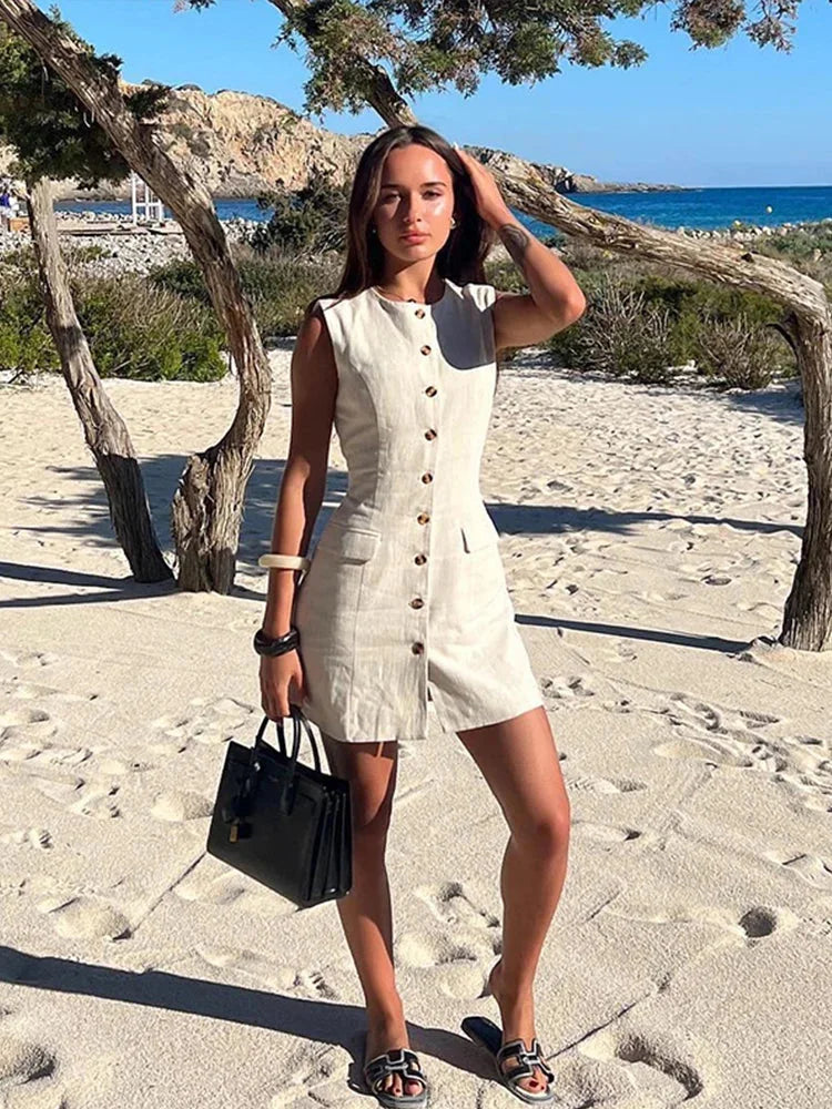 Vestido Curto de Linho sem Mangas Abotoado Lenogue