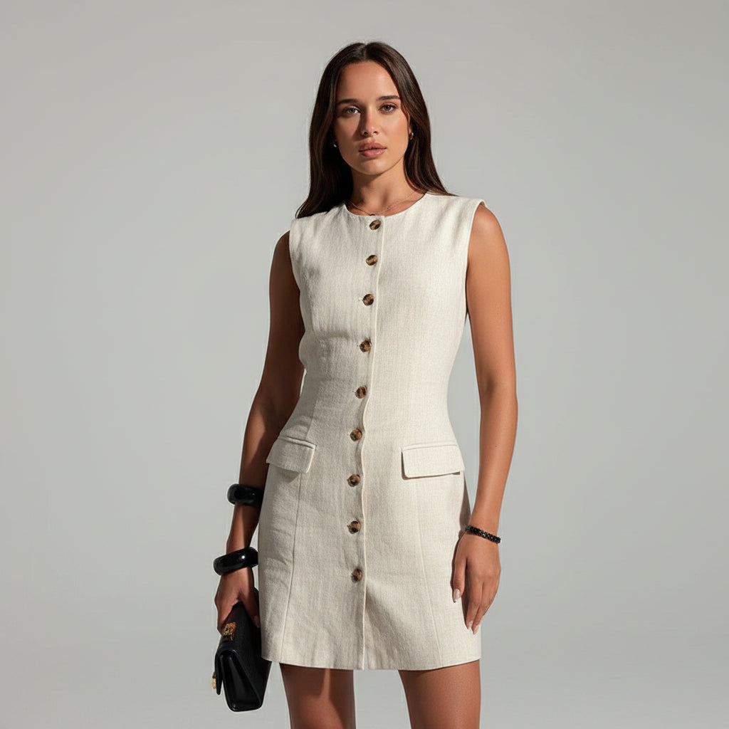 Vestido Curto de Linho sem Mangas Abotoado Lenogue Branco / p