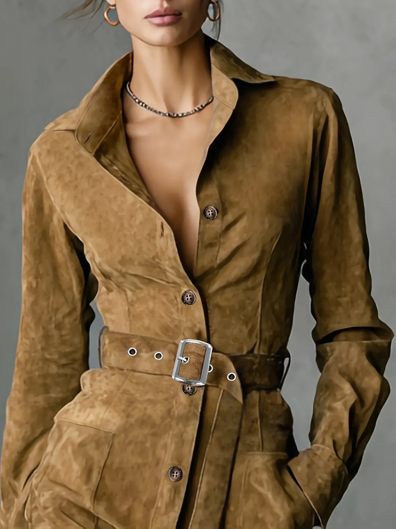 Vestido Curto Manga Longa Gola Lapela Cinto Slim élégant Lenogue