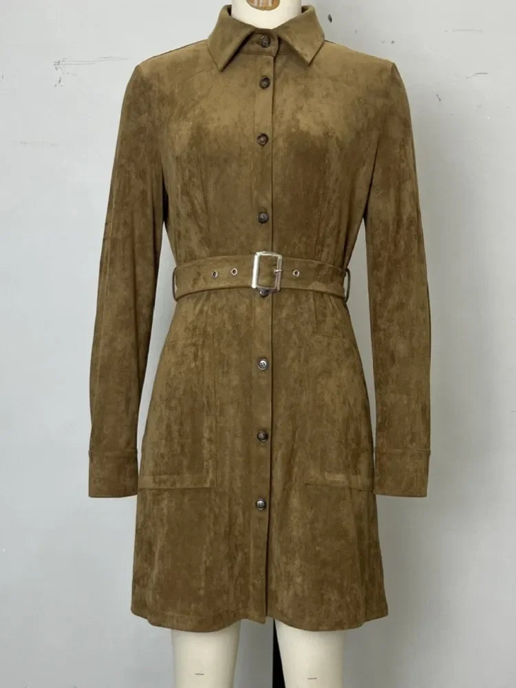 Vestido Curto Manga Longa Gola Lapela Cinto Slim élégant Lenogue
