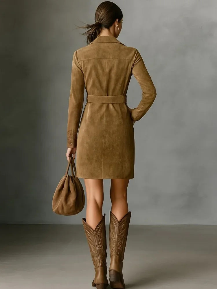 Vestido Curto Manga Longa Gola Lapela Cinto Slim élégant Lenogue