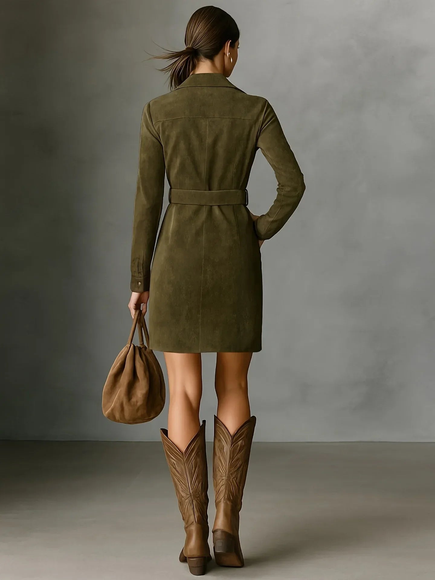 Vestido Curto Manga Longa Gola Lapela Cinto Slim élégant Lenogue