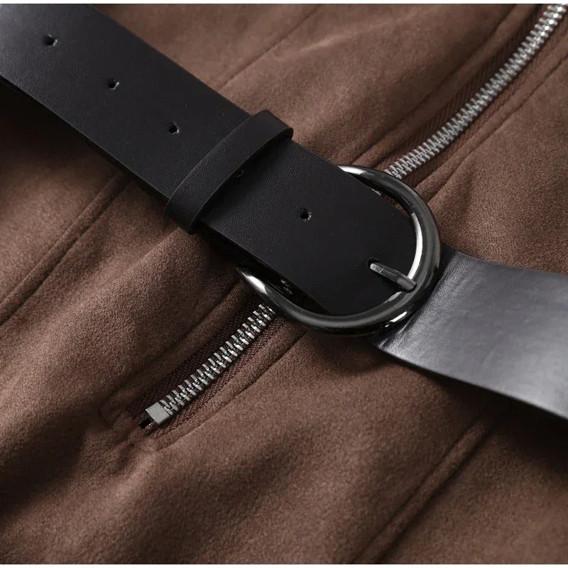 Vestido Curto Xadrez Gola Redonda Cintura Alta Plissado Lenogue