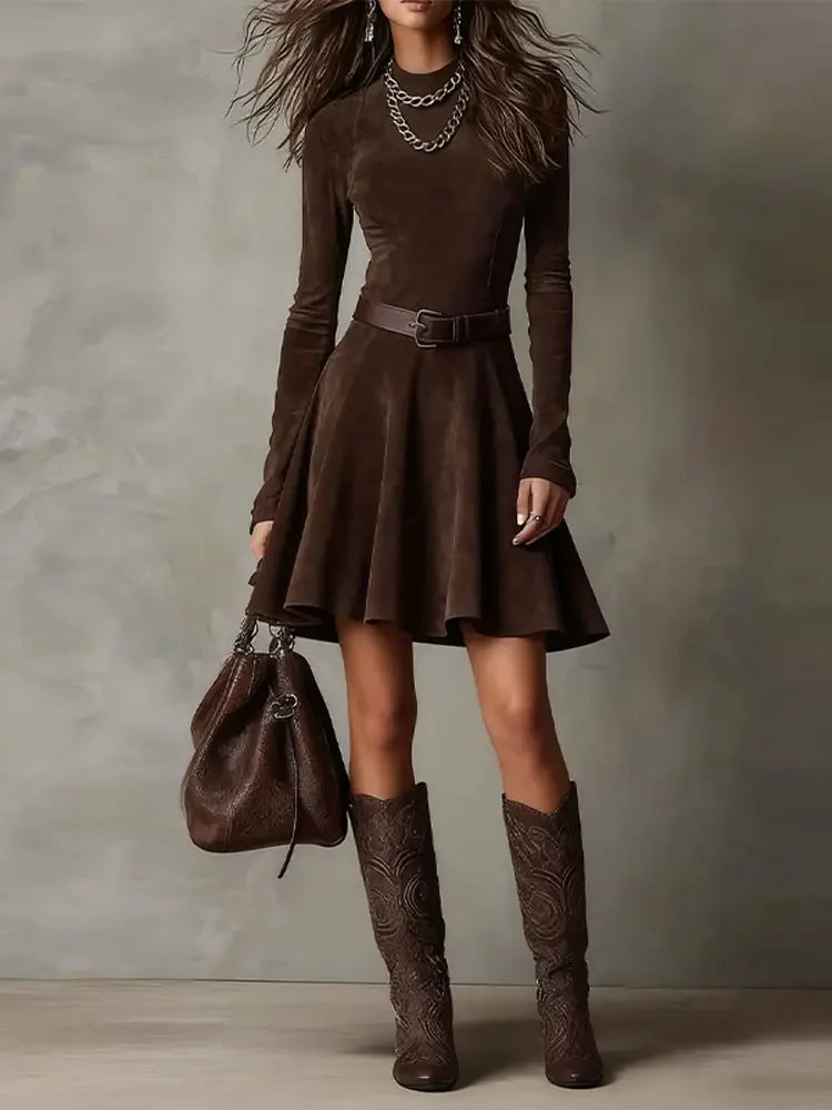 Vestido Curto Xadrez Gola Redonda Cintura Alta Plissado Lenogue