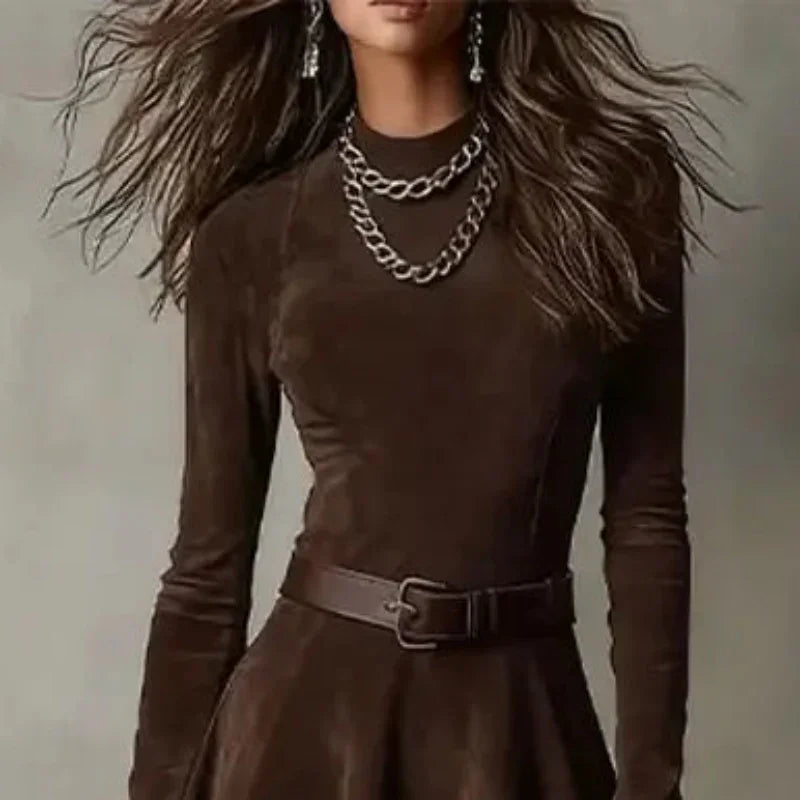 Vestido Curto Xadrez Gola Redonda Cintura Alta Plissado Lenogue