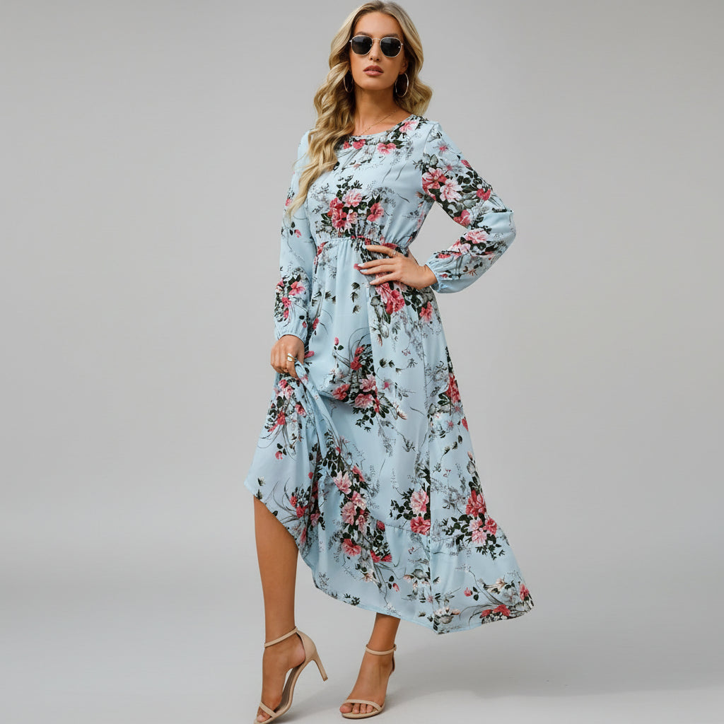 Vestido de Chiffon Estampa Floral Evasê Lenogue Azul / p