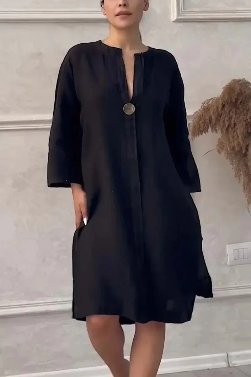 Vestido de Malha com Fendas Laterais Gola v Lenogue