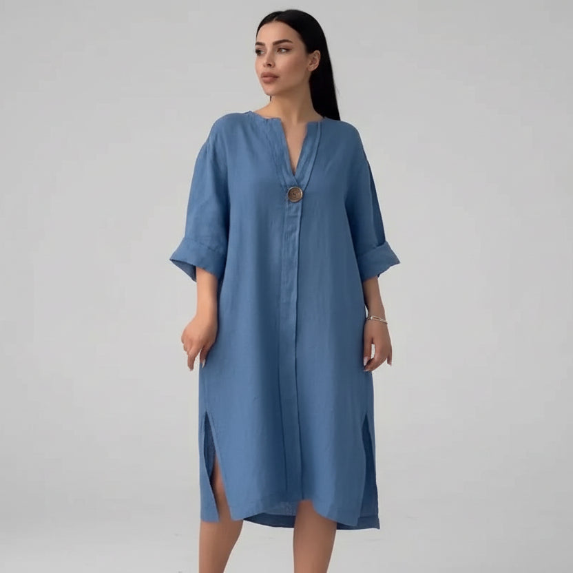 Vestido de Malha com Fendas Laterais Gola v Lenogue Azul / p