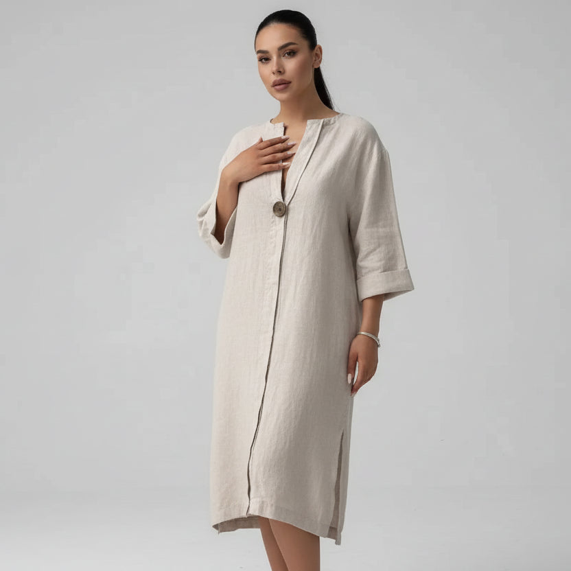 Vestido de Malha com Fendas Laterais Gola v Lenogue Bege / p