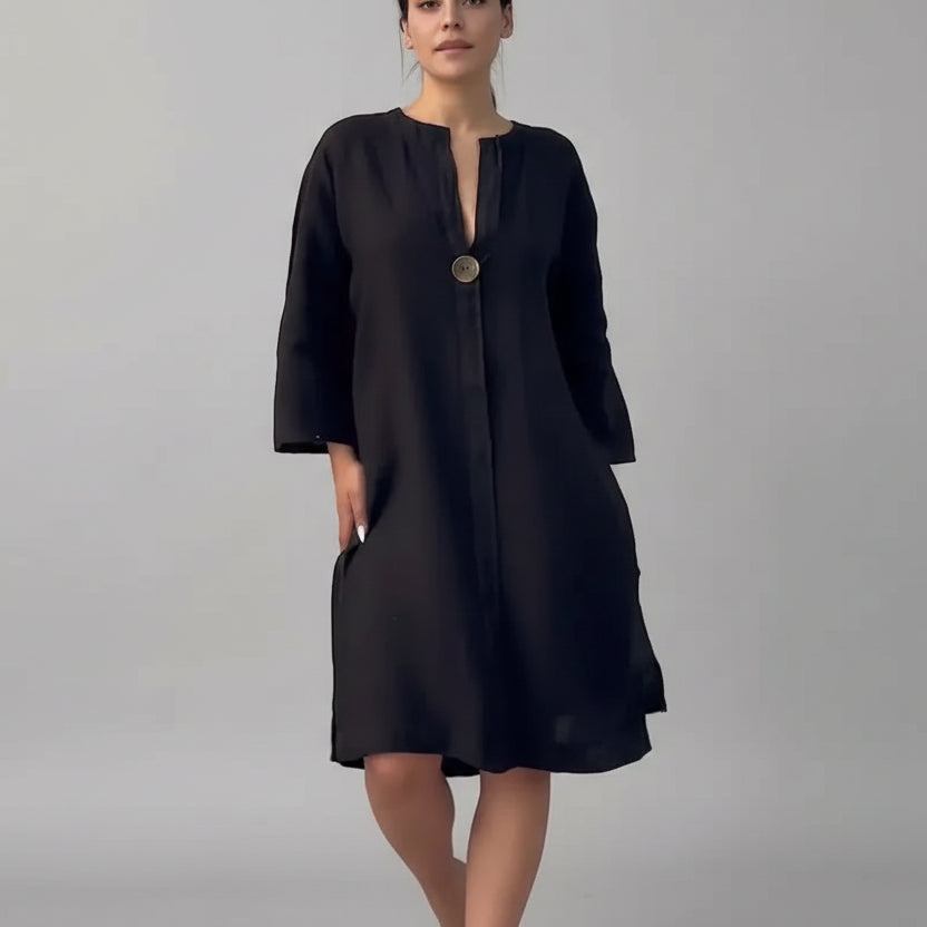 Vestido de Malha com Fendas Laterais Gola v Lenogue Preto / p