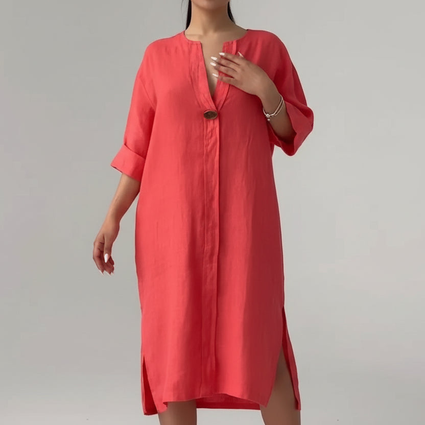 Vestido de Malha com Fendas Laterais Gola v Lenogue Vermelho / p