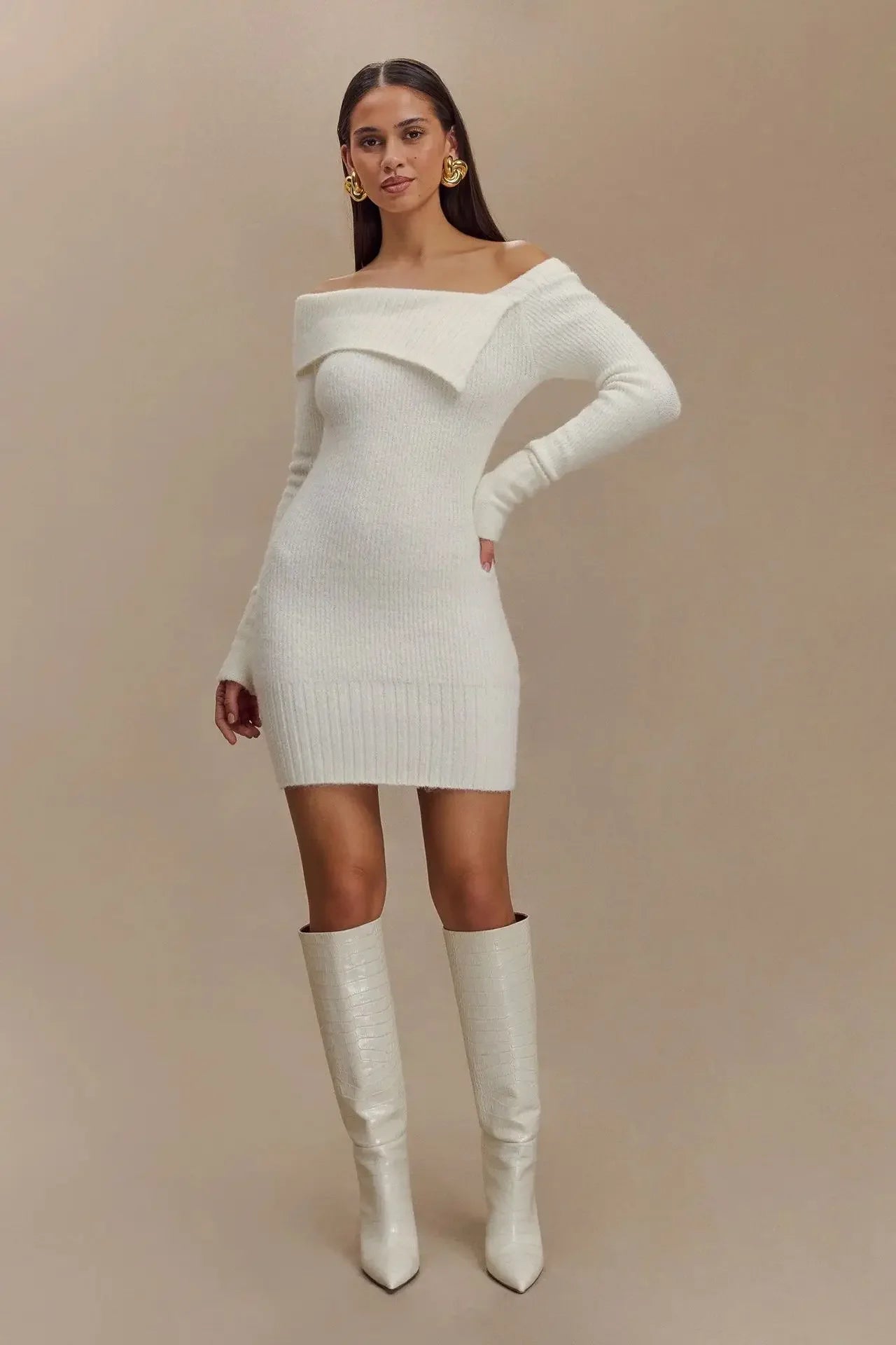 Vestido de Malha Ombro único Bodycon Lenogue Branco / p