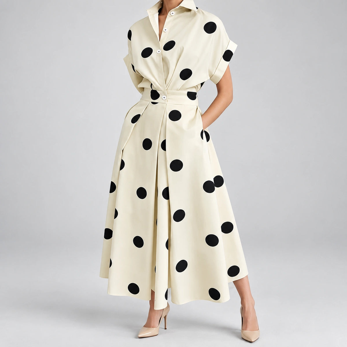 Vestido de Bolinhas e Gola de Lapela Luxe Lenogue Bege / P