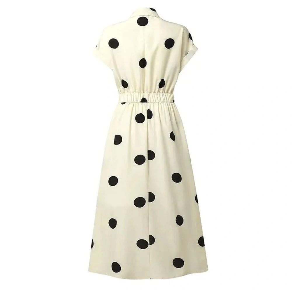 Vestido de Bolinhas e Gola de Lapela Luxe Lenogue