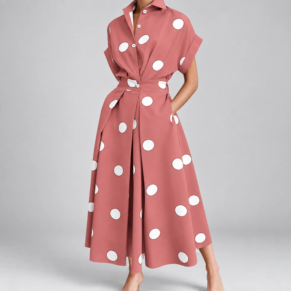 Vestido de Bolinhas e Gola de Lapela Luxe Lenogue Rosa / P