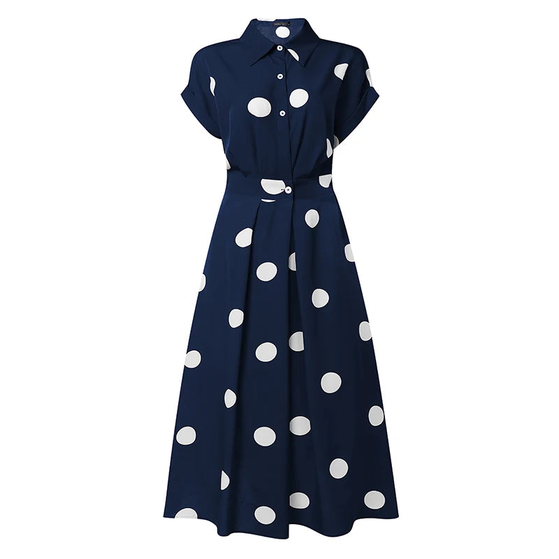 Vestido de Bolinhas e Gola de Lapela Luxe Lenogue