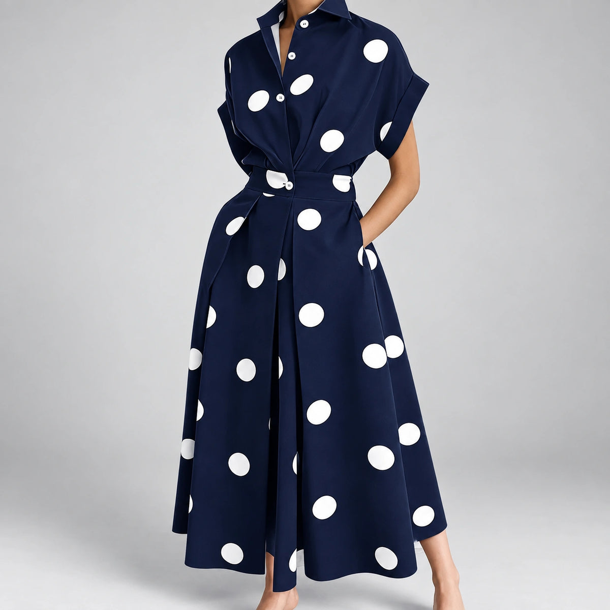 Vestido de Bolinhas e Gola de Lapela Luxe Lenogue Azul / P