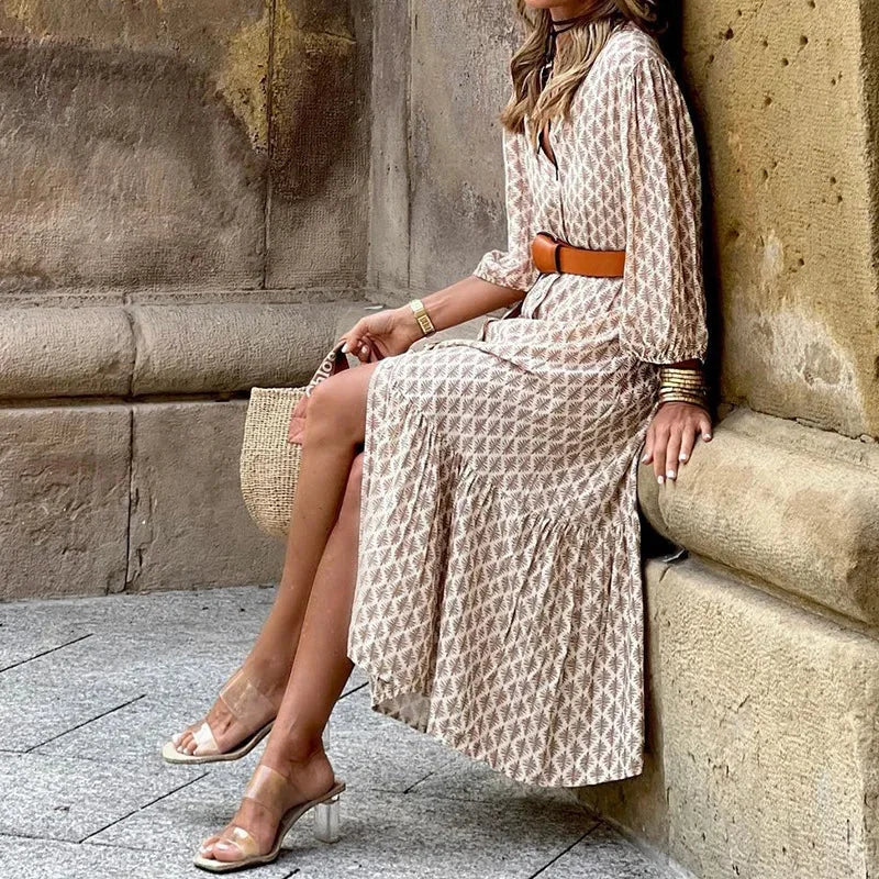 Vestido de Poliéster Evasê Manga Bufante com Cinto Lenogue