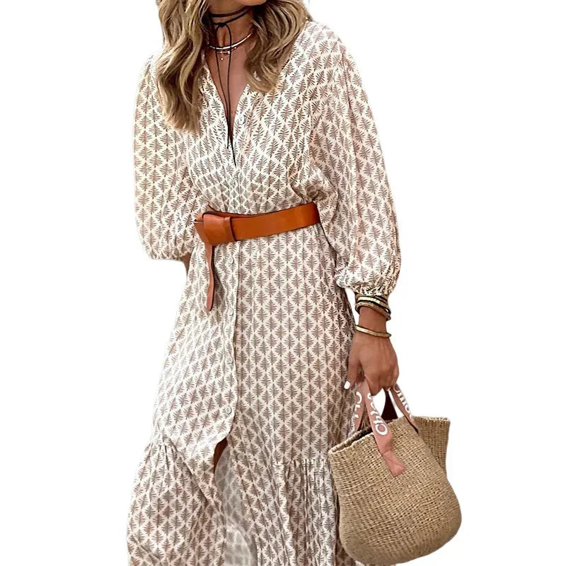 Vestido de Poliéster Evasê Manga Bufante com Cinto Lenogue