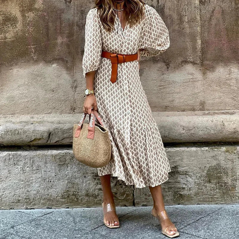 Vestido de Poliéster Evasê Manga Bufante com Cinto Lenogue