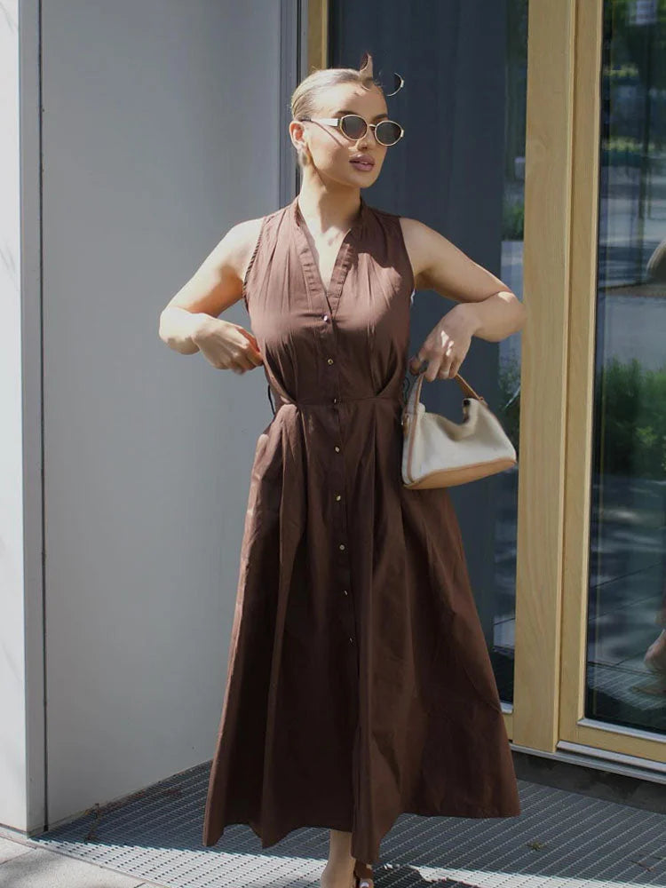 Vestido Evasê com Cinto e Botões para Eventos Casuais Lenogue