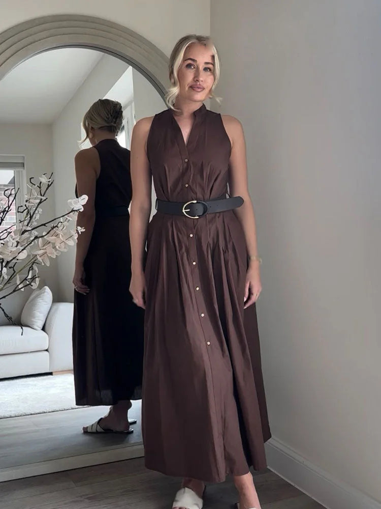 Vestido Evasê com Cinto e Botões para Eventos Casuais Lenogue