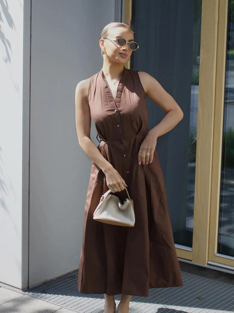 Vestido Evasê com Cinto e Botões para Eventos Casuais Lenogue