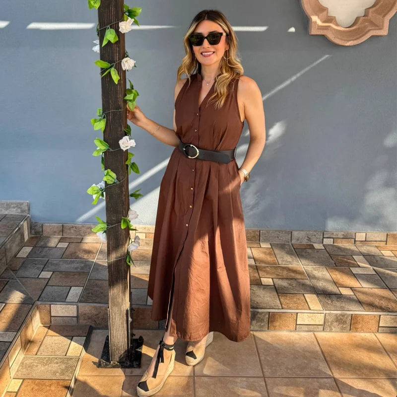 Vestido Evasê com Cinto e Botões para Eventos Casuais Lenogue