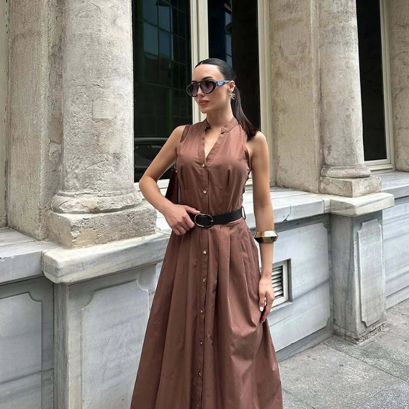 Vestido Evasê com Cinto e Botões para Eventos Casuais Lenogue Marrom / p