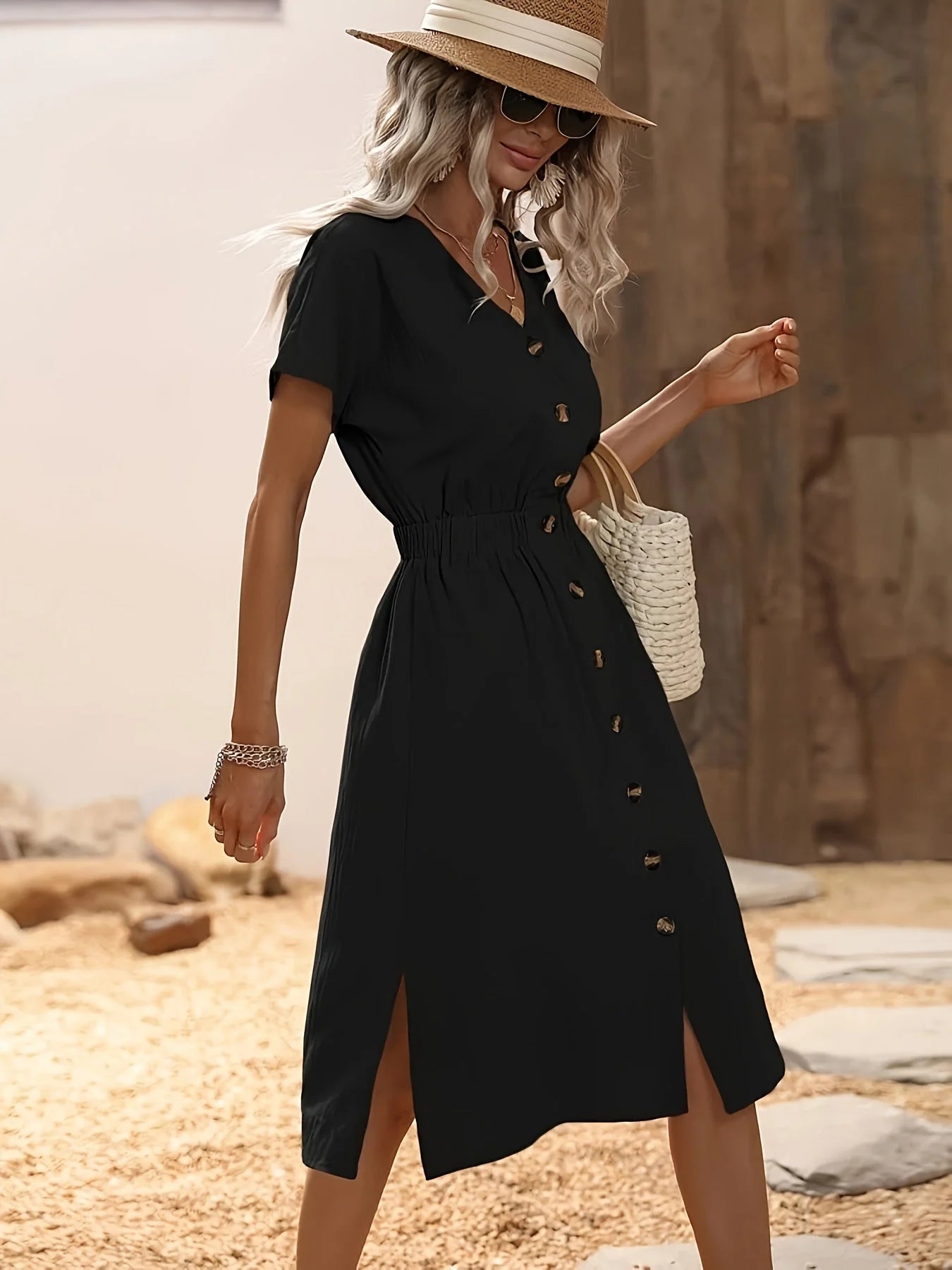 Vestido Evasê Vintage com Botões para Eventos Casuais Lenogue